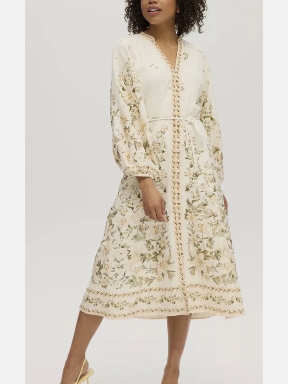 Calypso St. Barth Ivory Magnolia Floral Linen blend V neck Midi Dress Size XS